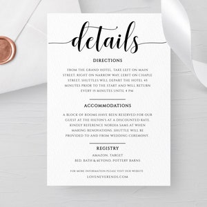 Cartão de detalhes do casamento editável, modelo de cartão de registro para impressão, cartão de anexo, cartão de acomodação, inserção de convite para chá de panela, download