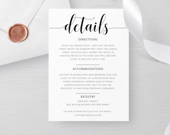 Editable Wedding Details Card, Printable Registry Card Template, Enclosure Card, Accommodation Card, Bridal Shower Invite Insert, Download