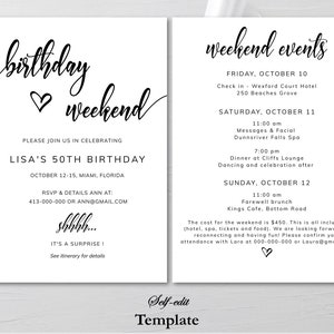 Printable Birthday Itinerary Template, Editable Birthday Itinerary, Birthday Party, Weekend Itinerary, Instant Download, Party Schedule