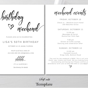 Printable Birthday Itinerary Template, Editable Birthday Itinerary, Birthday Party, Weekend Itinerary, Instant Download, Party Schedule