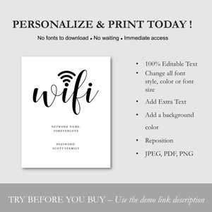 May include: A printable WiFi sign with the word "wifi" in cursive script and a WiFi symbol. The sign includes the text "NETWORK NAME: FOREVERLOVE" and "PASSWORD: SCOTT SFAMILY".