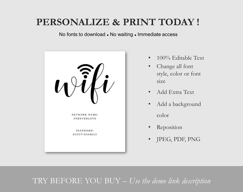May include: A printable WiFi sign with the word "wifi" in cursive script and a WiFi symbol. The sign includes the text "NETWORK NAME: FOREVERLOVE" and "PASSWORD: SCOTT SFAMILY".
