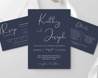 Navy Blue Wedding Invitation Template Instant Download Rsvp & Details Cards included
