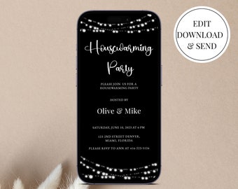 May include: Black and white digital phone screen with a housewarming party invitation. The invitation features white string lights, the text "Housewarming Party", and details about the party, including the date, time, location, and RSVP information.