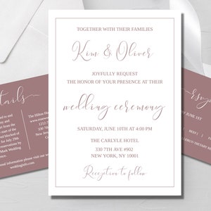 Dusty Rose Wedding Invitation Template: Blush Mauve, RSVP, Details Card (Instant Download)