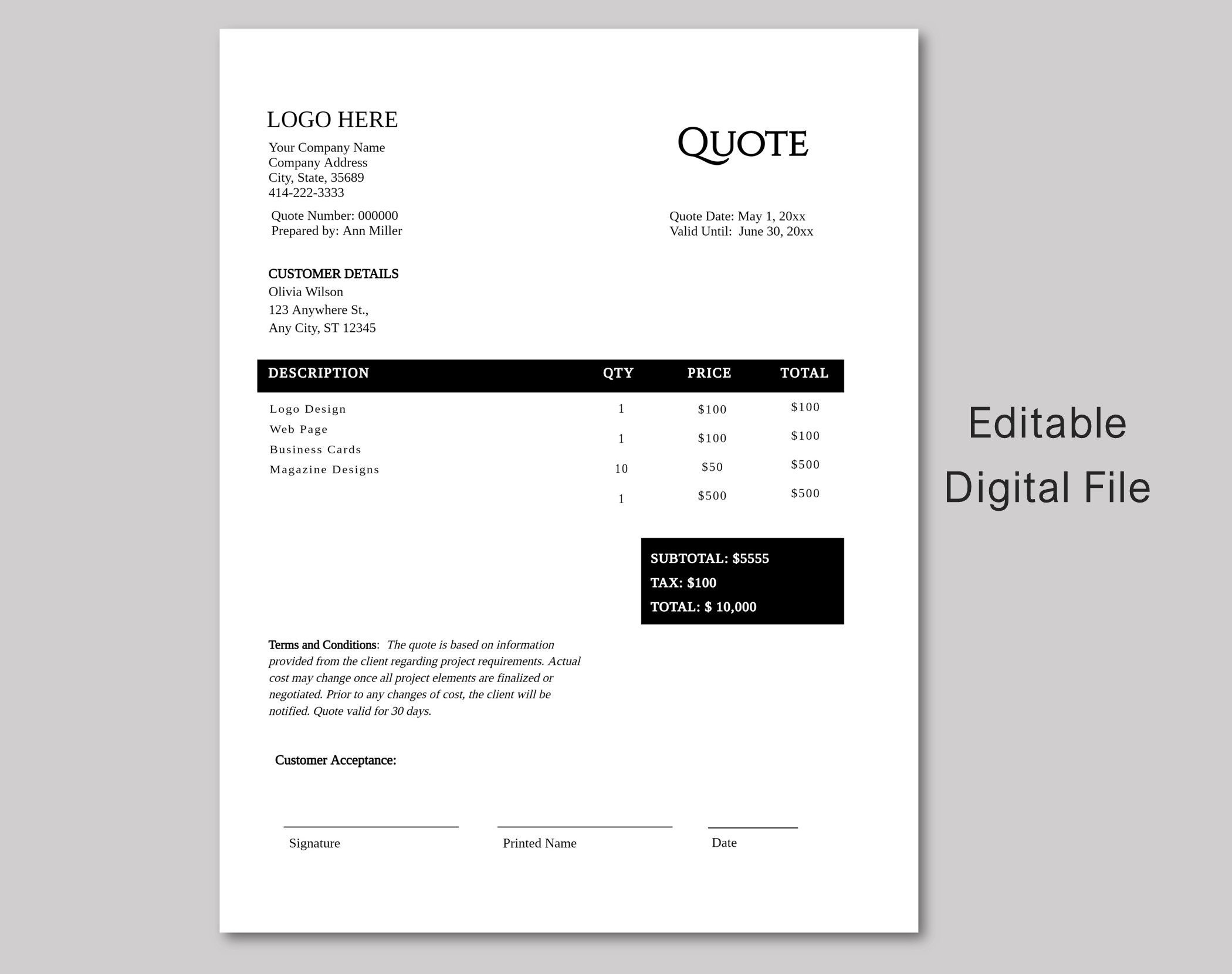 Quote Template Quote Estimate Quote Form Job Quote Job Etsy