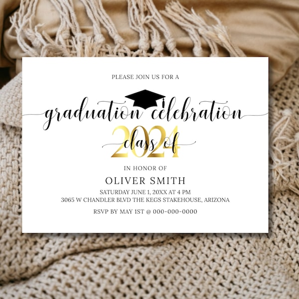 Graduation Announcement Class Of 2024, Graduation Invitations PRINTED with white envelopes,  Simple Modern Design