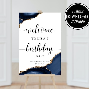 Birthday Welcome Sign Template Digital Download Blue Gold Party Decor Editable Party Poster Custom Sign Welcome Board Party Entrance Sign