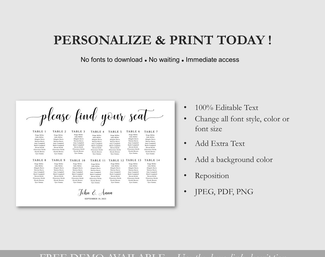 Wedding Seating Chart Template Printable Seating Chart Etsy