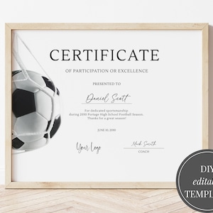 Football Award Certificates Editable Sports Award Ceremony Certificates Printable End of Season Soccer Award, Participation Award Football