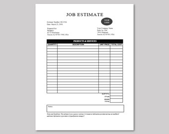 Editable Job Estimate Template: Printable Business Form (MS Word)