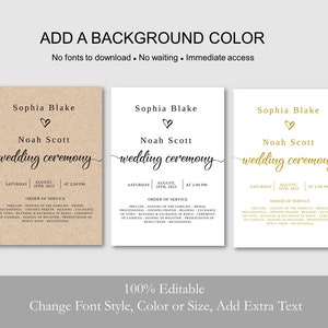 May include: Three wedding ceremony program templates with different background colors: brown, white, and gold. The text includes the names "Sophia Blake" and "Noah Scott" and the date "August 10th, 2023".