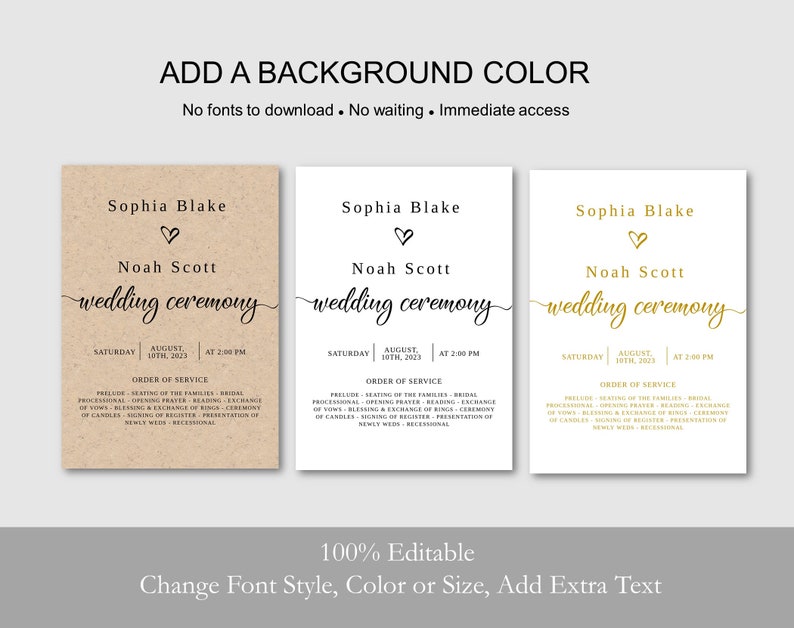 May include: Three wedding ceremony program templates with different background colors: brown, white, and gold. The text includes the names "Sophia Blake" and "Noah Scott" and the date "August 10th, 2023".