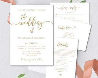 Gold Wedding Invitation Template, Digital Download, Wedding Invites, White & Gold Wedding Invitation, RSVP Cards, Details Cards, Editable