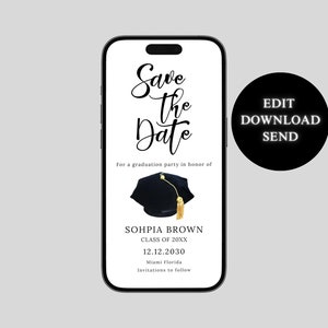 May include: A black and white mobile phone screen displaying a graduation save the date announcement. The announcement features a black graduation cap with a gold tassel, the text "Save the Date", and the name "Sohpia Brown".