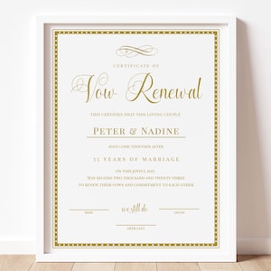 Modèle de certificat de renouvellement de vœux, cérémonie d&#39;engagement, cadeau d&#39;anniversaire d&#39;or en téléchargement modifiable, 8 x 10 ou 8 1/2 x 11 n&#39;importe quelle année d&#39;anniversaire
