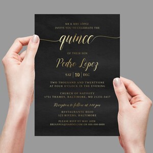 Convite Quince, convite de aniversário de 15 anos, modelo de convite de aniversário, convites de aniversário para meninos, download instantâneo, festa dourada e preta