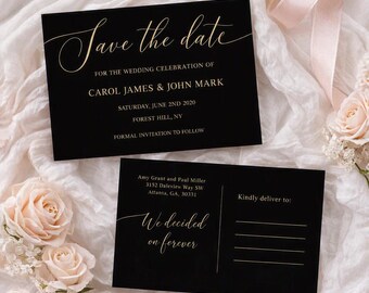 Puede incluir: Dos tarjetas rectangulares negras de tipo save the date con texto dorado. La tarjeta superior dice Save the date for the wedding celebration of Carol James & John Mark, Saturday, June 2nd 2020, Forest Hill, NY. La inferior tiene líneas de dirección.