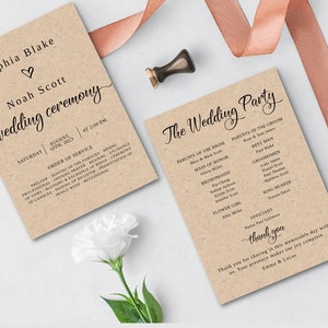 May include: A wedding ceremony order of service and wedding party list printed on brown paper. The ceremony is scheduled for Saturday, August 10th, 2023 at 2:00 PM. The wedding party list includes the names of the parents of the bride and groom, the maid of honor, bridesmaids, groomsmen, best man, ring bearer, and officiant.