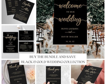 Black and Gold Wedding Invitation Bundle: Editable Template (Instant Download)