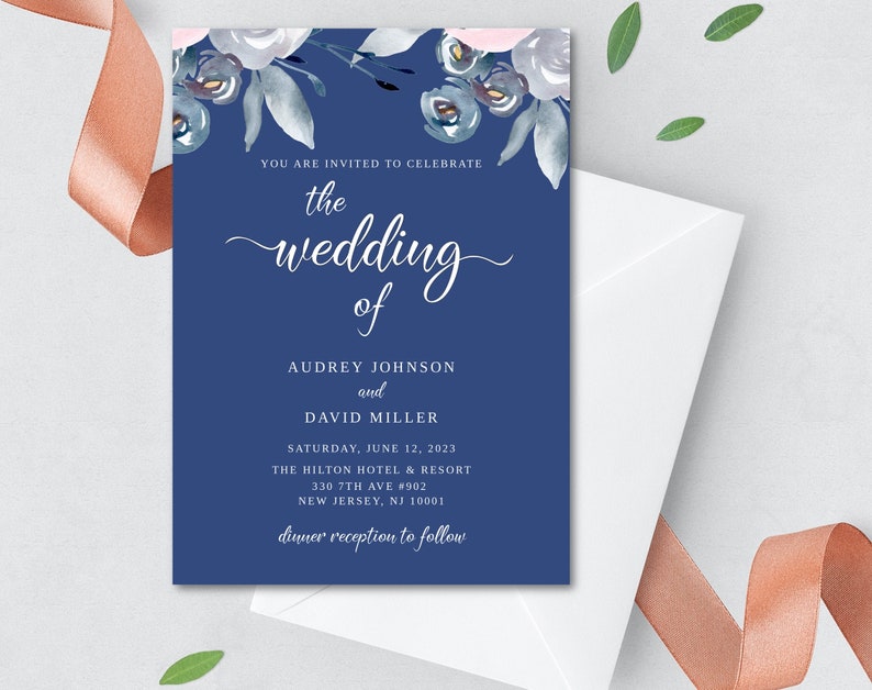 Navy Blue Wedding Invitation Template Download With RSVP Etsy