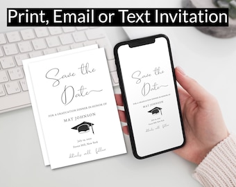 May include: A white card with black text that says "Save the Date" for a graduation dinner in honor of Mat Johnson. The date is July 19, 2020, and the location is Forest Hill, New York. The card also includes a black and white illustration of a graduation cap.