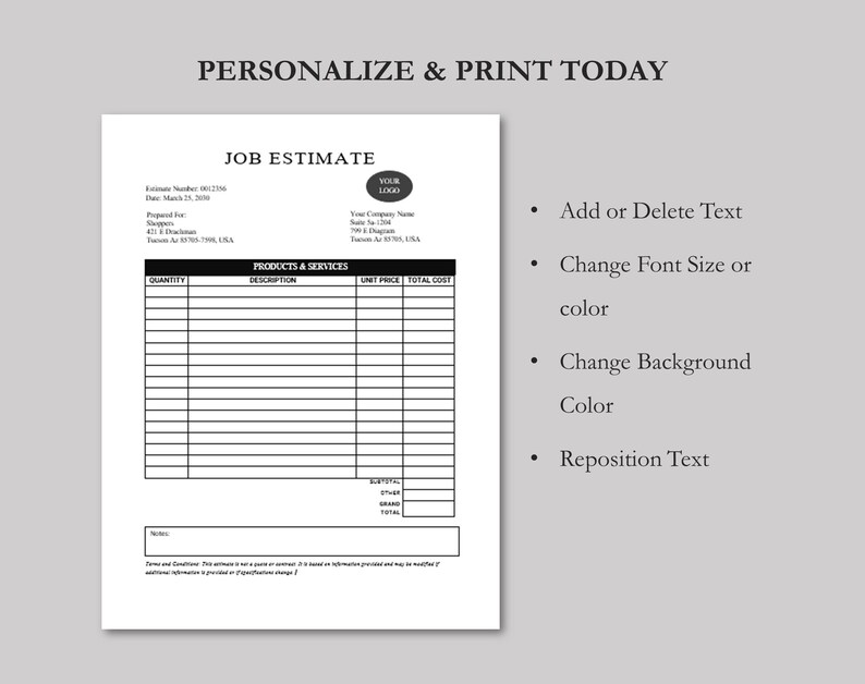 Editable Job Estimate Template: Printable Business Form (MS Word) - Etsy