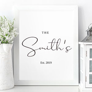 Könnte beinhalten: Ein weißer gerahmter Druck mit schwarzem Text, der "The Smith's Est. 2019" lautet.
