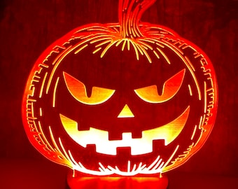 Edge Lit Acrylic LED Night Lamp | Laser Carved Jack-O-Lantern | Pumpkin Head Halloween Decor | Color Changing Lamp w/ Remote Control