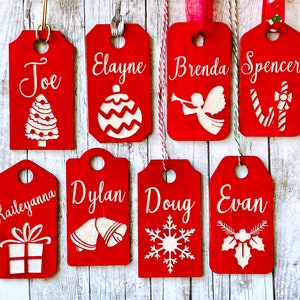 Wooden Christmas Tags | Place Cards | Personalized Holiday Tags | Stocking Labels | Red & White Wooden Gift Tags | Wooden Name Ornaments