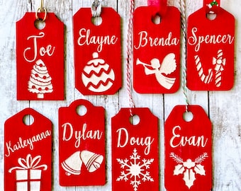 Wooden Christmas Tags | Place Cards | Personalized Holiday Tags | Stocking Labels | Red & White Wooden Gift Tags | Wooden Name Ornaments