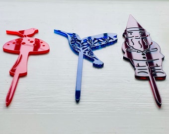 Fairy Garden Decor, Garden Stakes, Garden Gnome Stick, Hummingbird Attractors, Colorful Acrylic Decor for Flower Pot, Succulent Planter