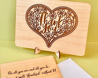 Wood Thank you Card, 11 Beautiful Floral Designs to Choose from, Laser Engraved Gratitude Gift, Optional Personalized Message on the Reverse
