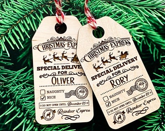 Santa Gift Tags, Personalized Christmas Wooden Gift Tags from Santa Claus, North Pole Express, Reindeer Express, Naughty or Nice Checklist