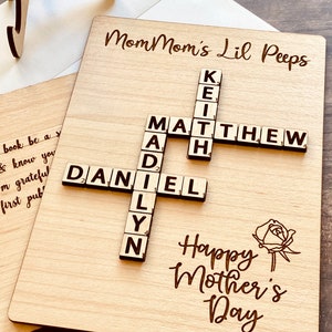 Wooden Mother's Day Card with Name Scrabble Tiles & Stand, Unique Gift for Grandma, Crossword or Scrabble Lovers, Personalized Laser Engrave