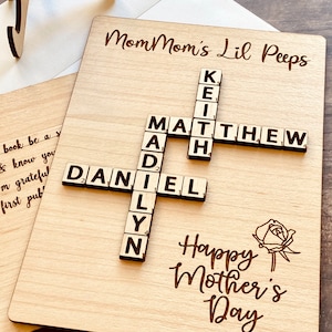 Wooden Mother's Day Card with Name Scrabble Tiles & Stand, Unique Gift for Grandma, Crossword or Scrabble Lovers, Personalized Laser Engrave