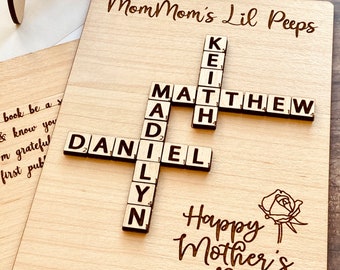 Wood Mother's Day Card, Wooden Card with Name Scrabble Tiles, Card Stand, Great Gift for Grandma, Mother, Crossword Puzzle or Scrabble Lover