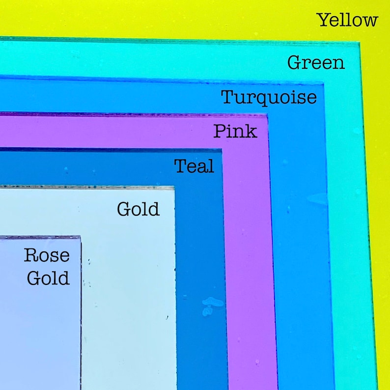 May include: A stack of acrylic sheets in various colors, including yellow, green, turquoise, pink, teal, gold, and rose gold. The sheets are arranged in a graduated size, with the largest sheet at the top and the smallest sheet at the bottom.
