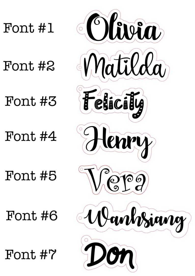 May include: Seven different fonts displayed with various names, including Olivia, Matilda, Felicity, Henry, Vera, Wanhsiang, and Don. The fonts are black and white and have a handwritten style.