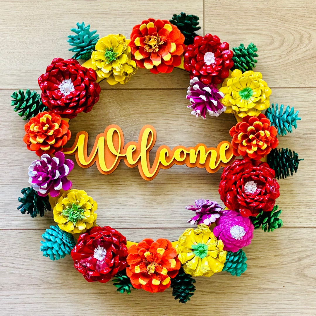 Pinecone Flower Wreath 15, Hand Painted W/ Real Pine Cone, Custom Laser