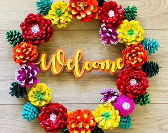 Pinecone Flower Wreath 15", Hand Painted w/ Real Pine Cone, Custom Laser Cutout at Center. Colorful & Unique for All Seasons. Free Shipping!