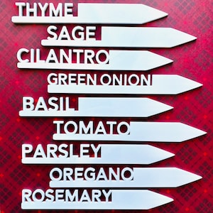 May include: White plant markers with the names of herbs written on them: Thyme, Sage, Cilantro, Green Onion, Basil, Tomato, Parsley, Oregano, Rosemary.