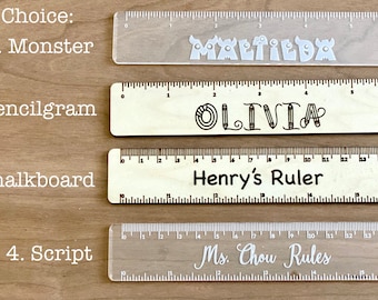 Personalized Ruler, 6 inch or 12 inch Wood Ruler, Great Gift for Teacher, Clear Ruler for Crafter, Back to School Kid Rulers