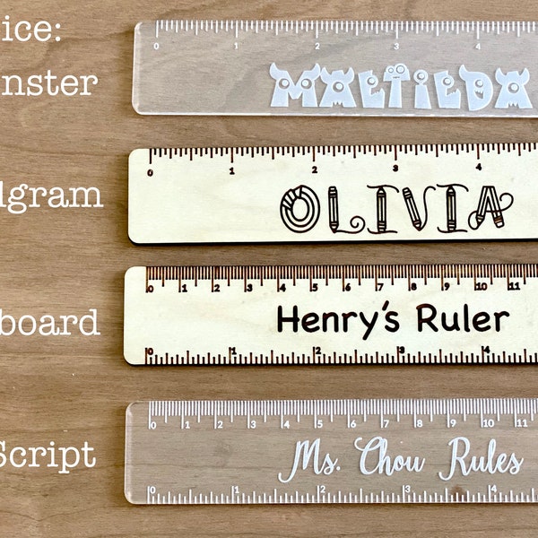 Personalized Ruler, 6 inch or 12 inch Wood Ruler, Great Gift for Teacher, Clear Ruler for Crafter, Back to School Kid Rulers