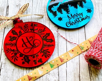Custom Christmas Ornament, Monogram Bauble Shape, Made of Beautiful Mirror Acrylic, Rose Gold, Red, Green, Choose Your Color and Design