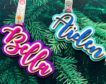 Wood Name Door Hanger | Beautiful Custom Stocking Tag | Laser Cut Christmas Ornament, Hand Dyed Wood, Choose your own color