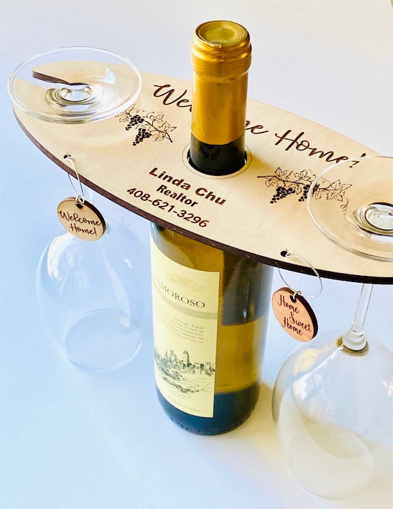 Wine Glass Caddy with Wine Charms, Custom Wooden Wine Butler for Wine Lovers, Housewarming, Wedding, Christmas or Realtor Gifts