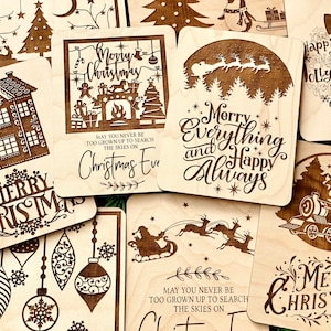 Hölzerne Weihnachtskarte mit individuellem Design und personalisierten Nachrichten, mit einem Holzständer für Anzeige, Karte und Weihnachtsgeschenk zwei in einem