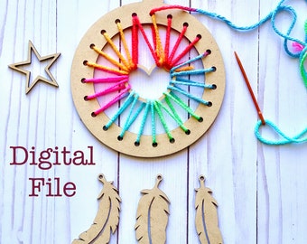 Dreamcatcher Weaving Kit Laser Cut SVG File | Includes Weaving Frame, Wooden Spool, Wood Feathers, Heart & Star Shapes, Circular Loom