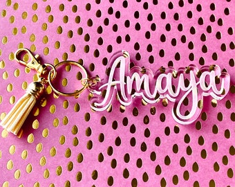 Custom Name Keychain, Personalized Zipper Puller, Backpack charm, Laser Engraved Fluorescent Acrylic, with Keyring, Hook, Tassel